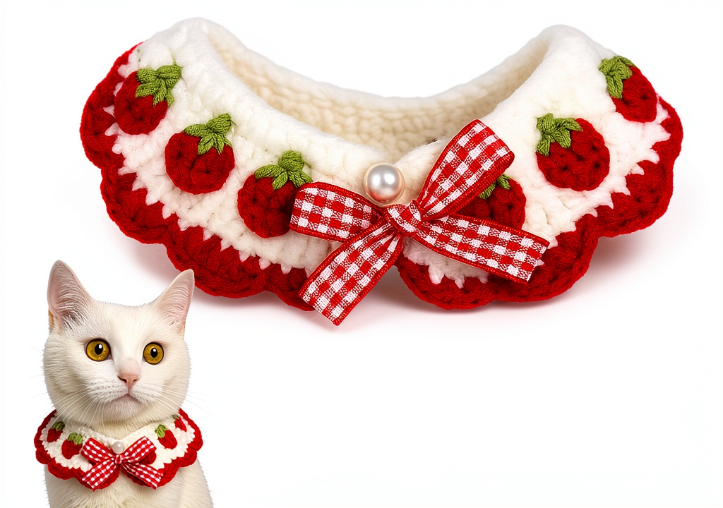 Aoeeki handmade cat collar with strawberry design on a kitten