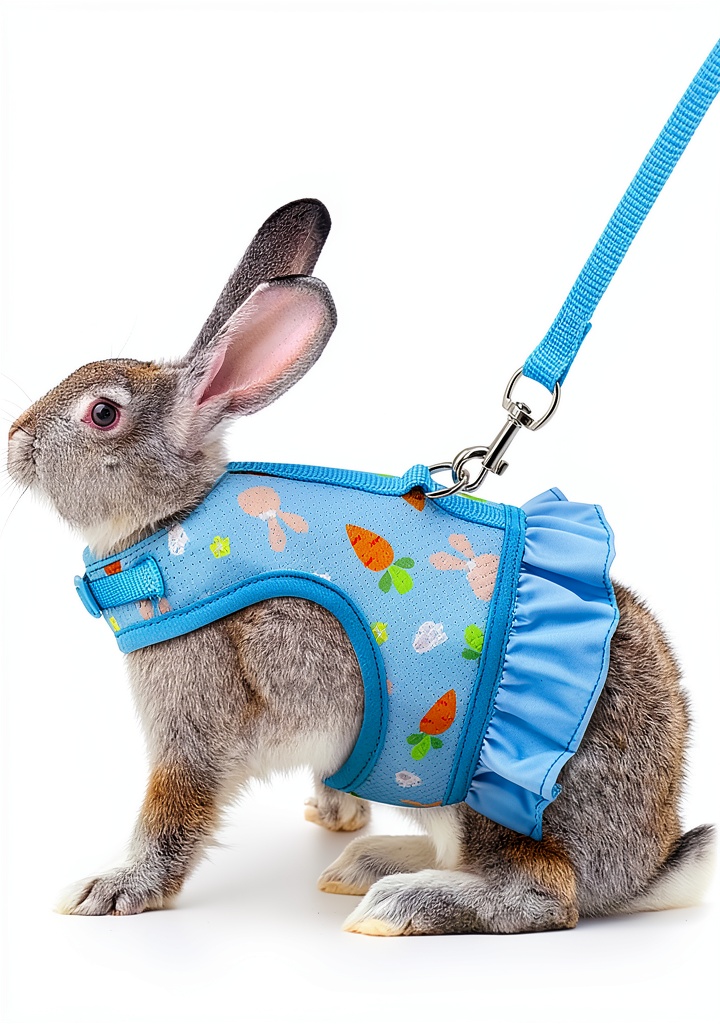 'YOUALSO rabbit harness in blue on a rabbit'