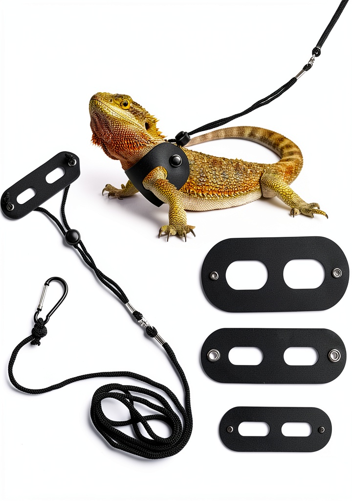 POLKASTORE reptile leash with adjustable harness on a bearded dragon