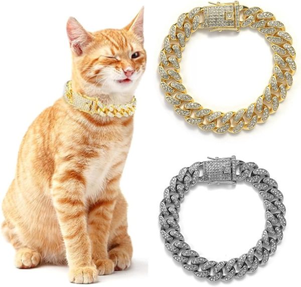 DKJEkdje Cat Collar Cuban Link Rhinestones Gold Silver-6
