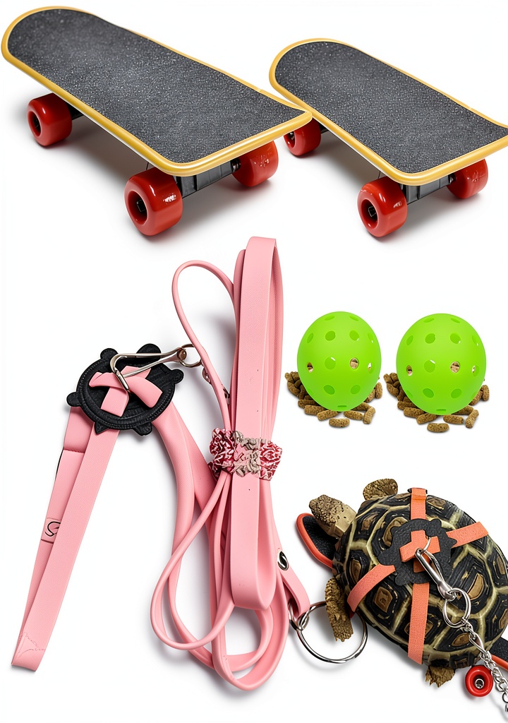 Tortoise wearing harness on skateboard in outdoor setting