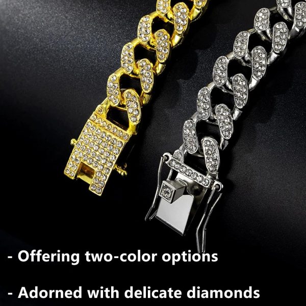 DKJEkdje Cat Chain Collar Cuban Link Rhinestones Gold Silver-2