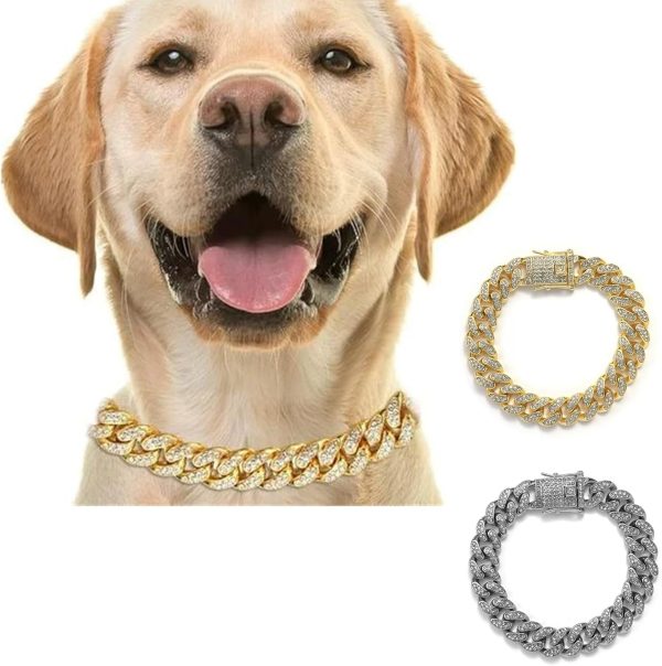 DKJEkdje Cat Chain Collar Cuban Link Rhinestones Gold Silver-5