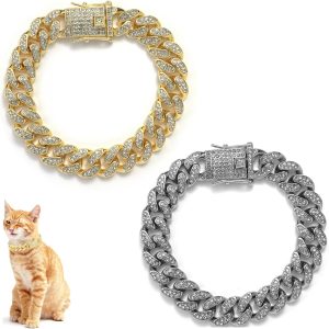 DKJEkdje Cat Chain Collar Cuban Link Rhinestones Gold Silver-0