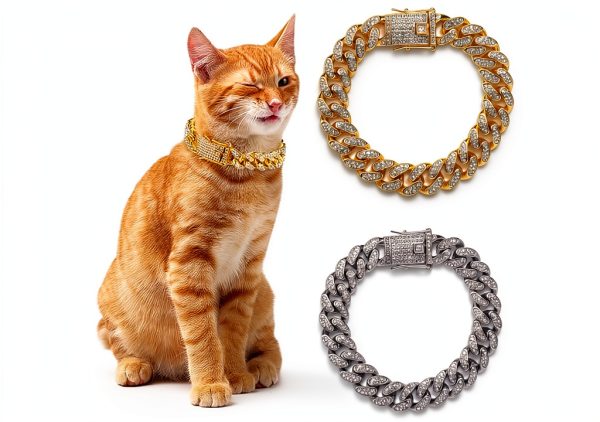 DKJEkdje Cat Chain Collar Cuban Link Rhinestones Gold Silver-6